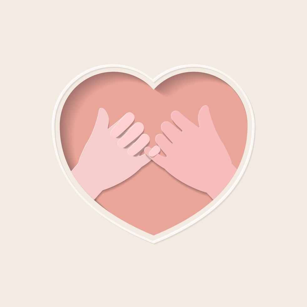 Two hands making a pinky promise in heart shaped paper cutting art vector