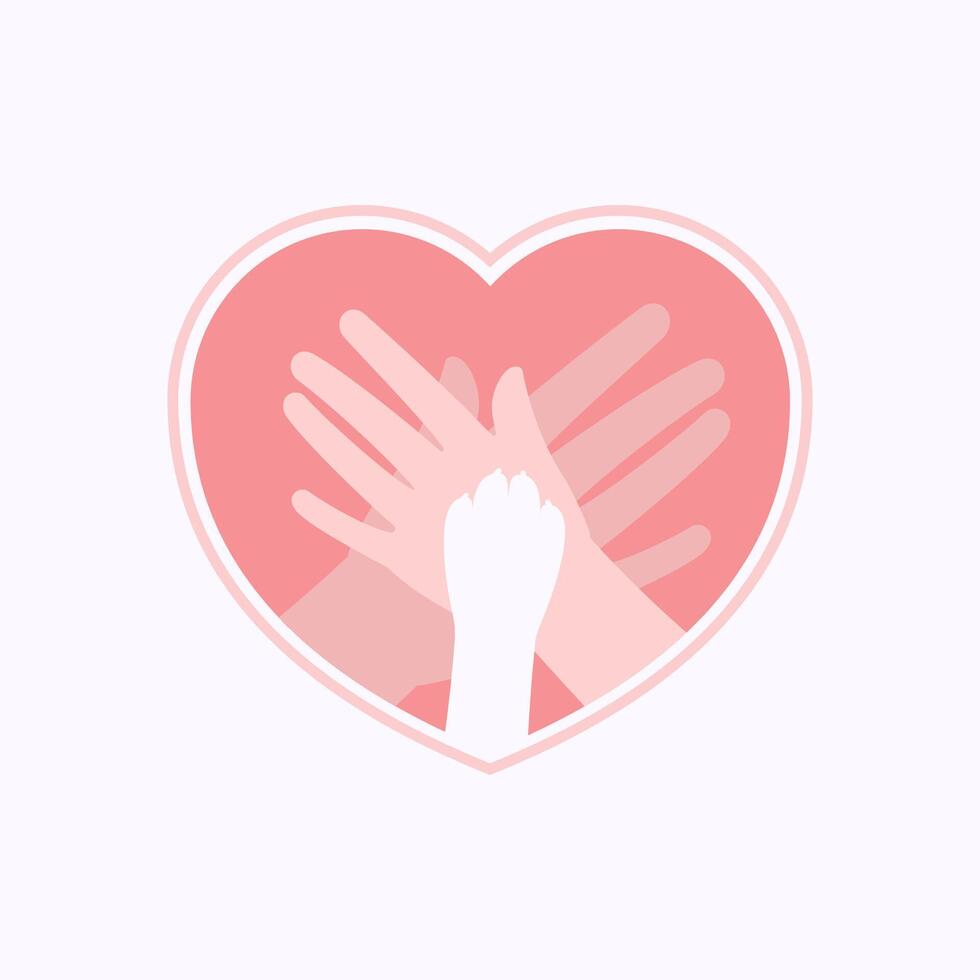 Paw on two hands stacking in heart shaped flat silhouette vector