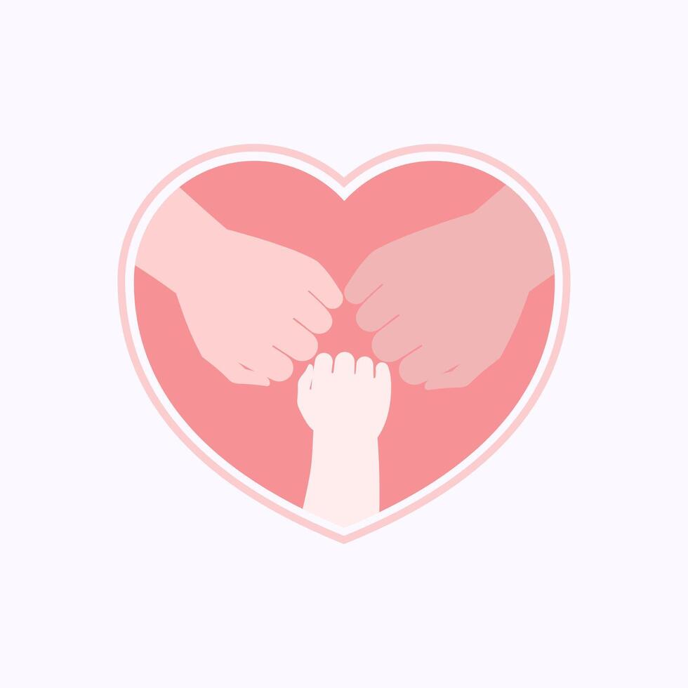 Fist bump of three family members in heart shaped flat illustration vector