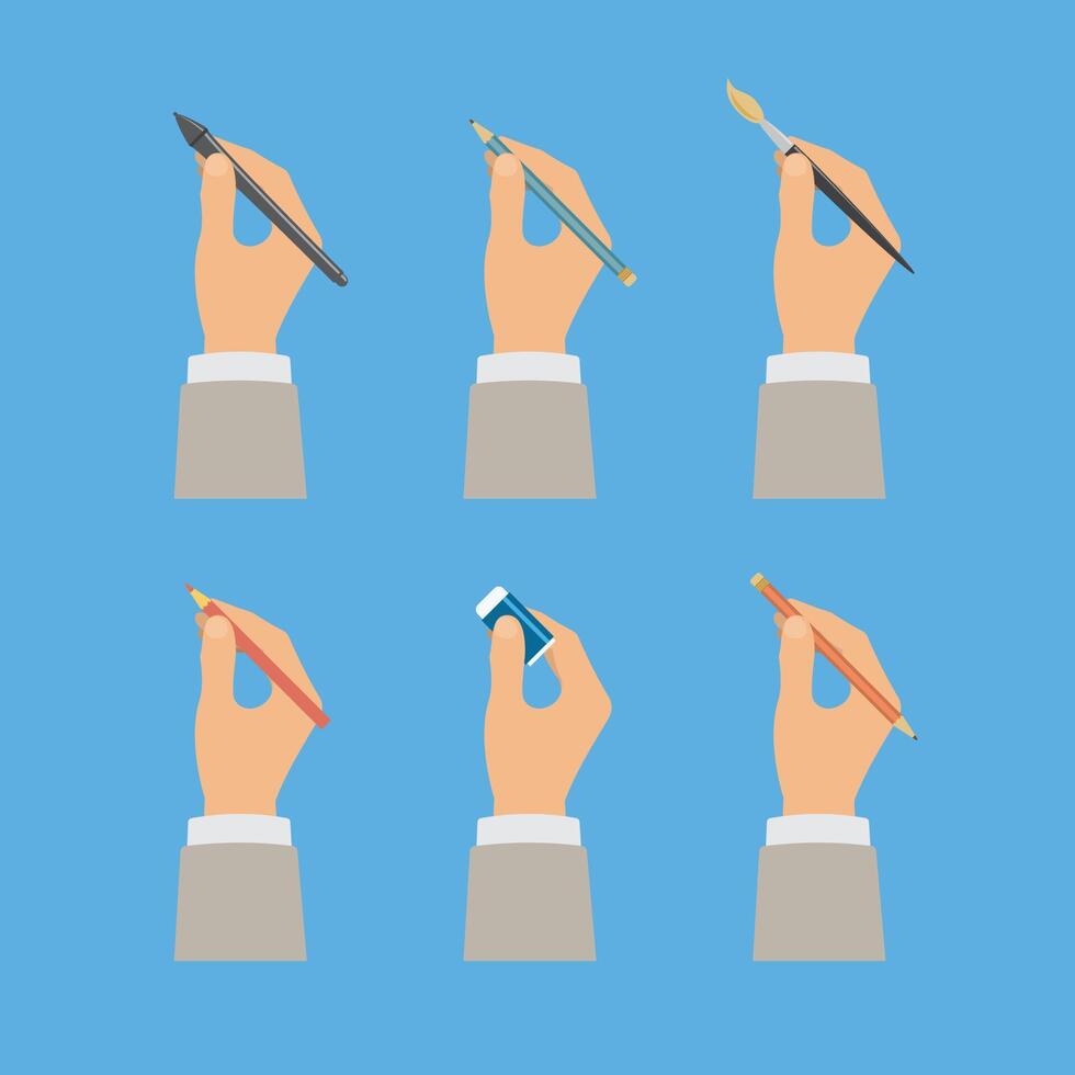 Hands holding art supplies set vector