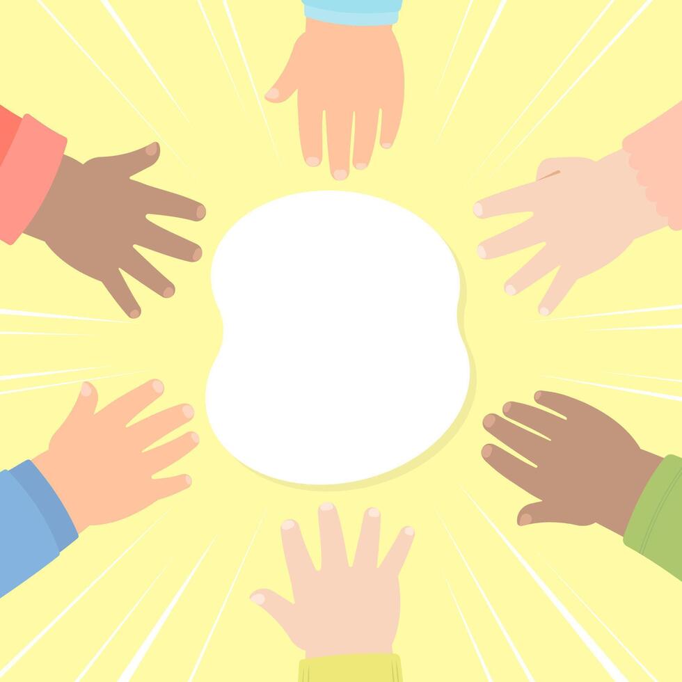 Hands of diverse kids putting together vector