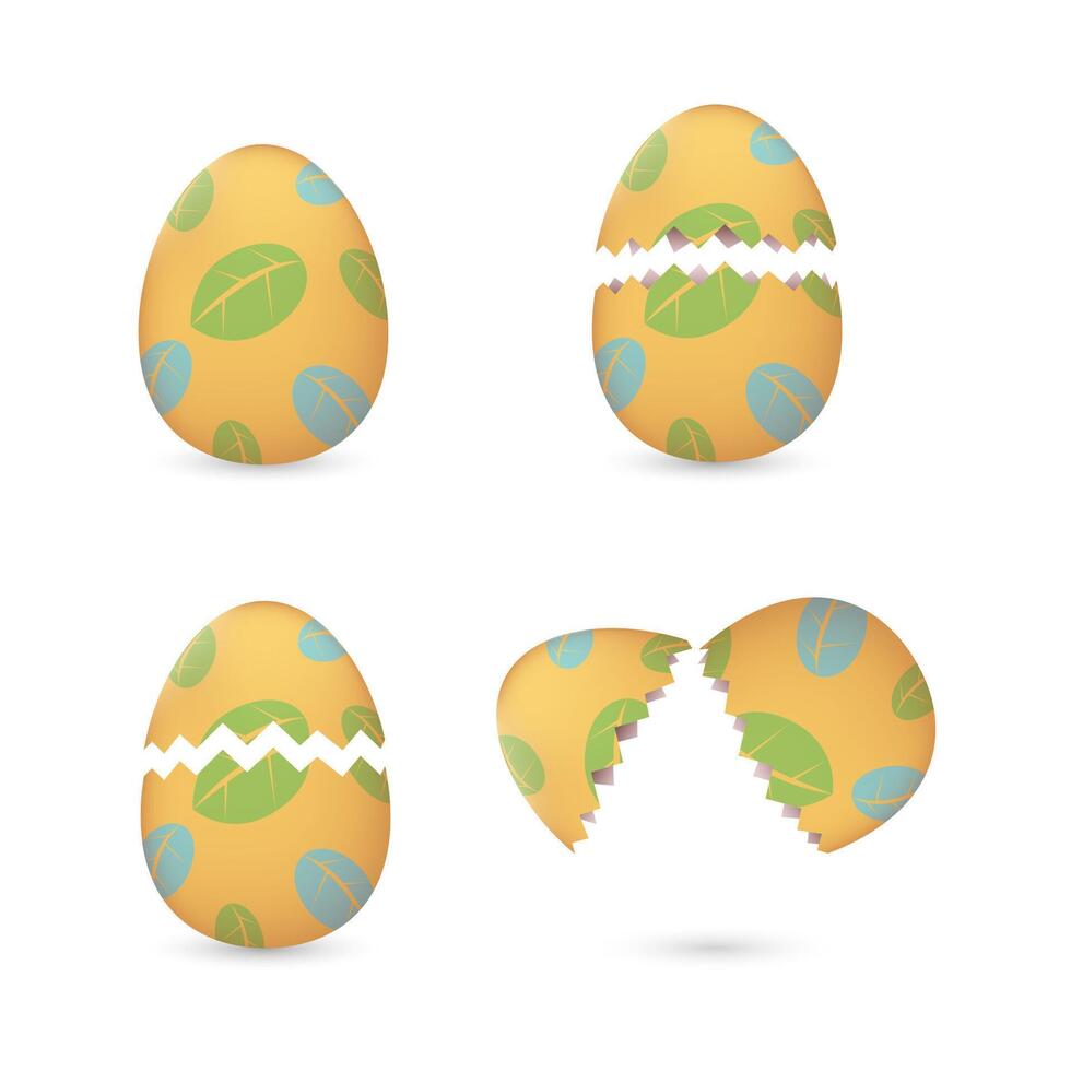 Cracked easter eggs with leaves set vector