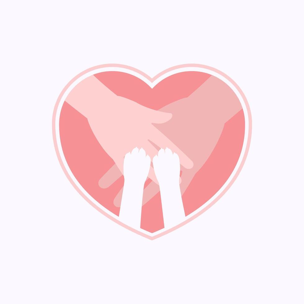 Paws on hands in heart shaped flat silhouette vector