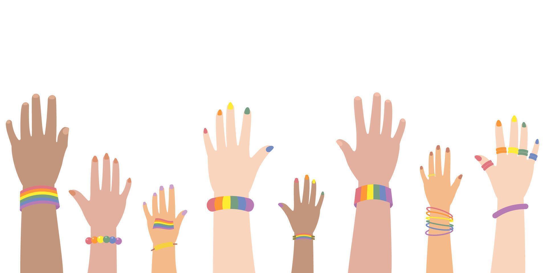 Diverse hands raising with pride accessories and symbol flat illustration vector