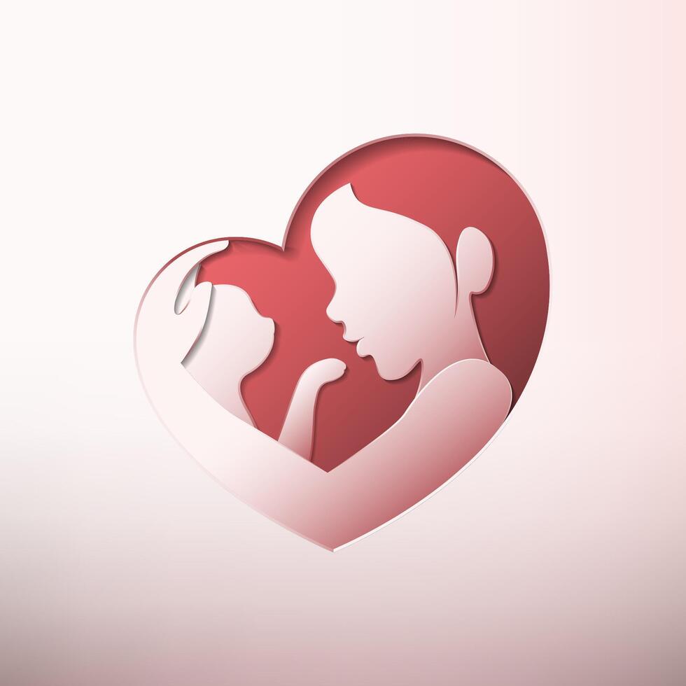 Woman holding a cat in heart shaped silhouette paper art vector