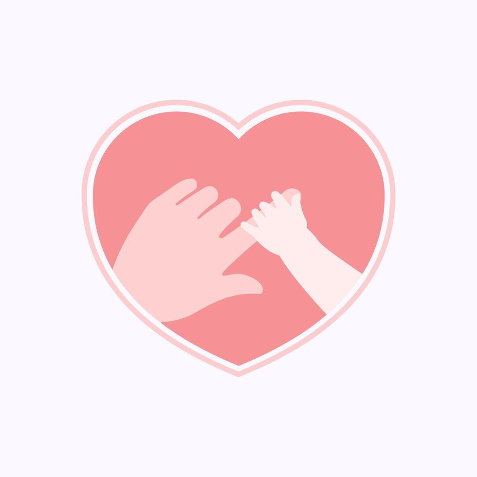 Hand of baby holding big finger of mother in heart shaped flat design vector
