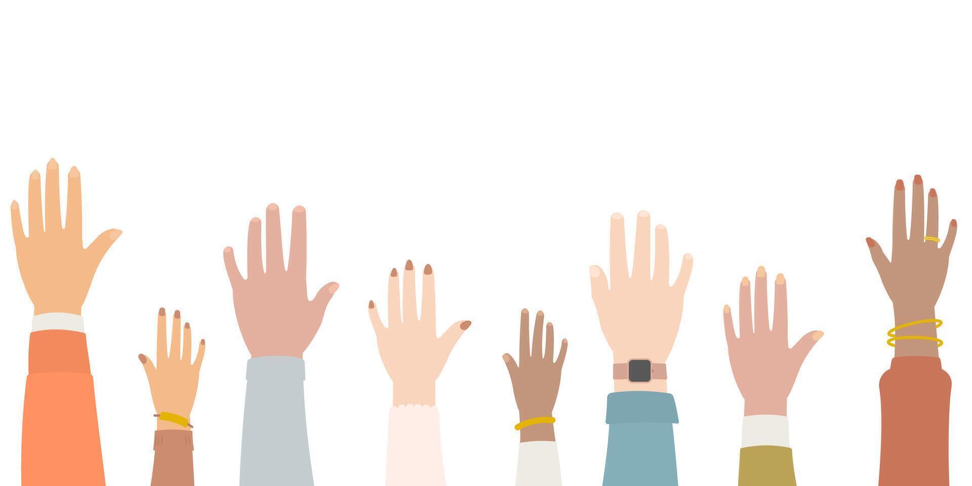 Hands of diverse people raising vector
