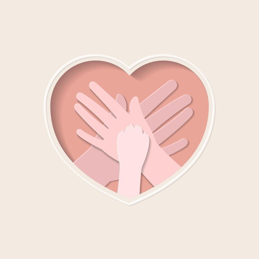 Paw on two hands stacking in heart shaped paper cutting art vector