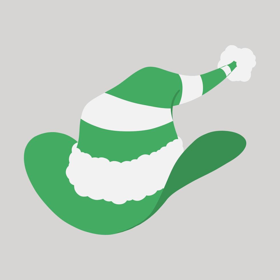 Green and white striped Christmas cowboy elf hat with fur trim and pompom hand drawn flat design illustration vector