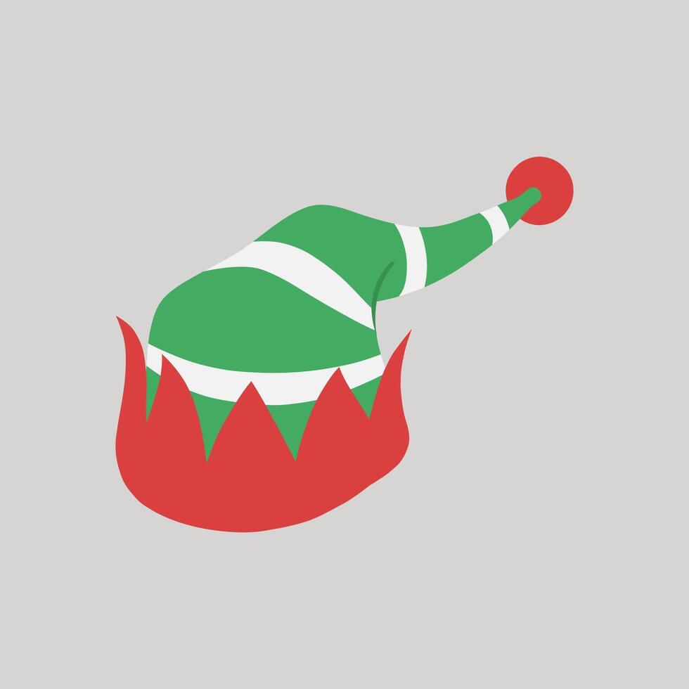 Green, white striped and red Christmas pointed elf hat hand drawn flat design illustration vector
