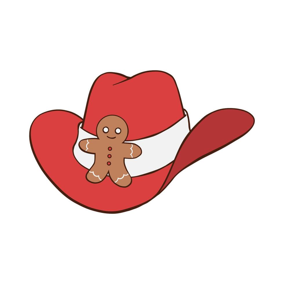 Red Christmas cowboy hat with brown gingerbread man cookie hand drawn illustration vector