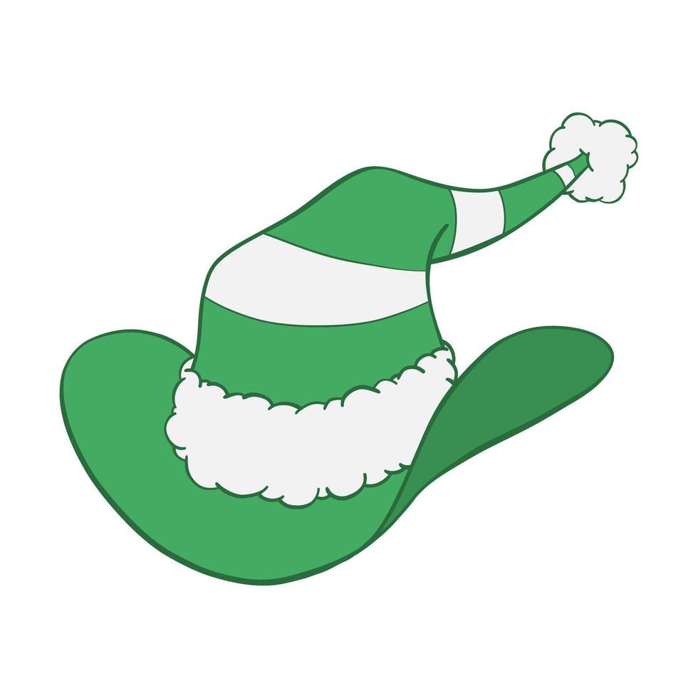 Green and white striped Christmas cowboy pointed elf hat with white fur trim and pompom hand drawn illustration vector