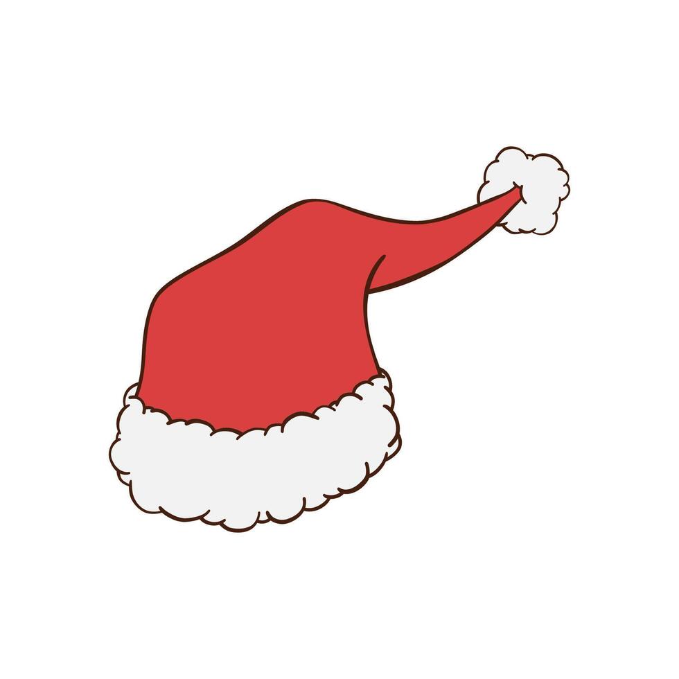 Red Christmas hat with white fluffy fur trim and pom pom hand drawn illustration vector