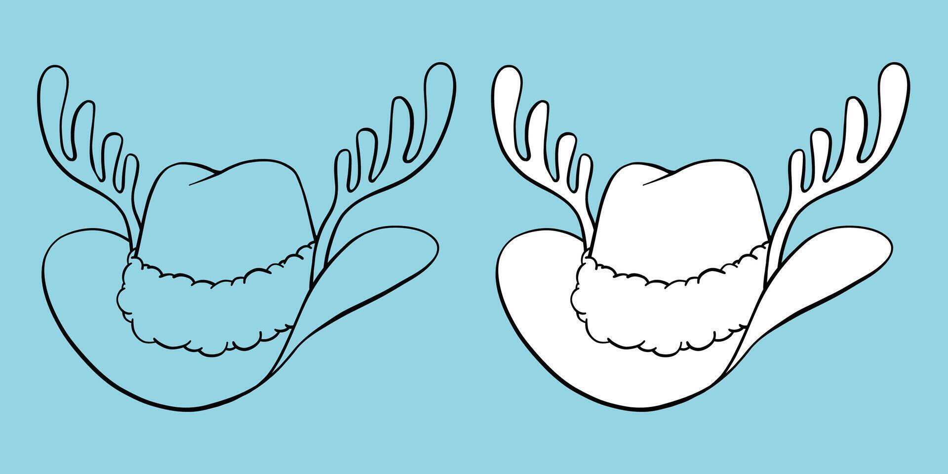Christmas cowboy hat with reindeer antlers, Santa cap fluffy fur trim hand drawn black outline coloring book illustration vector