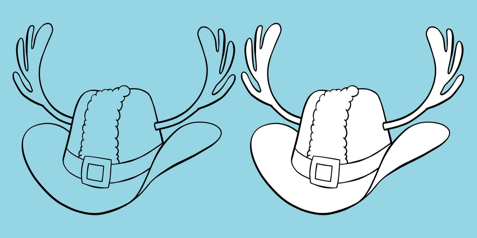 Christmas cowboy hat with reindeer antlers, Santa coat fur trim and belt hand drawn black outline coloring book illustration vector