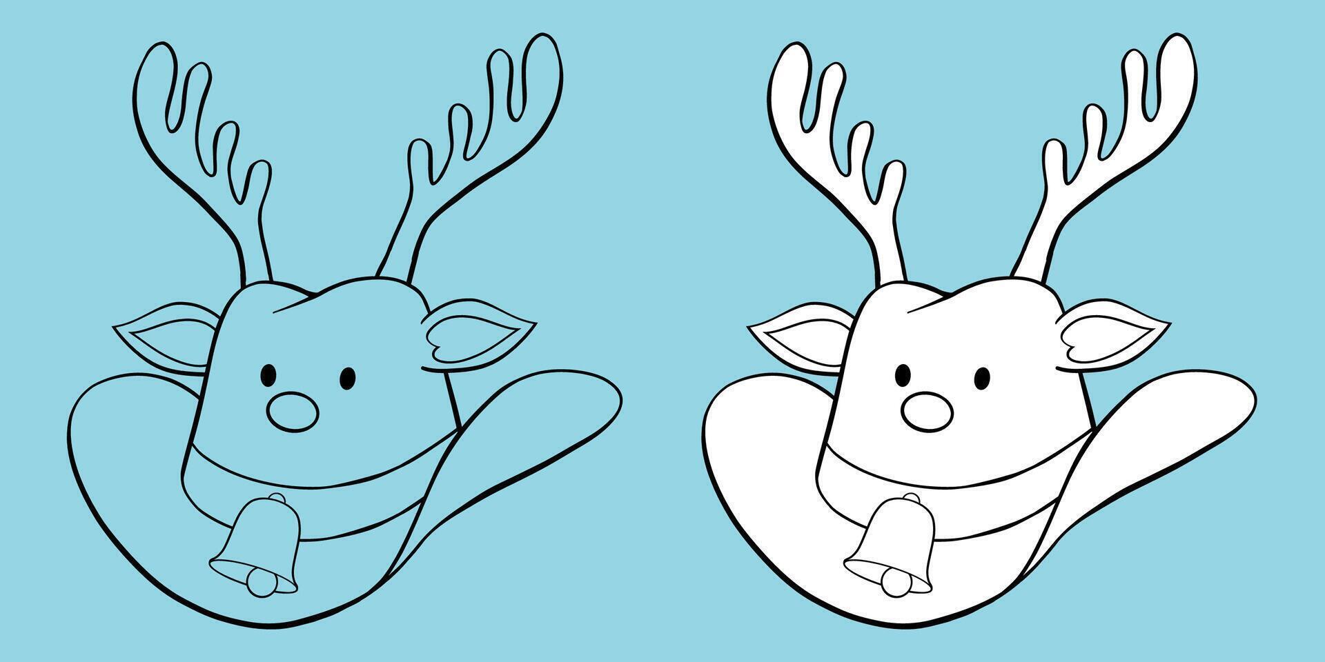Christmas cowboy hat with reindeer antlers, nose, ears, eyes, bell and hatband hand drawn black outline coloring book illustration vector