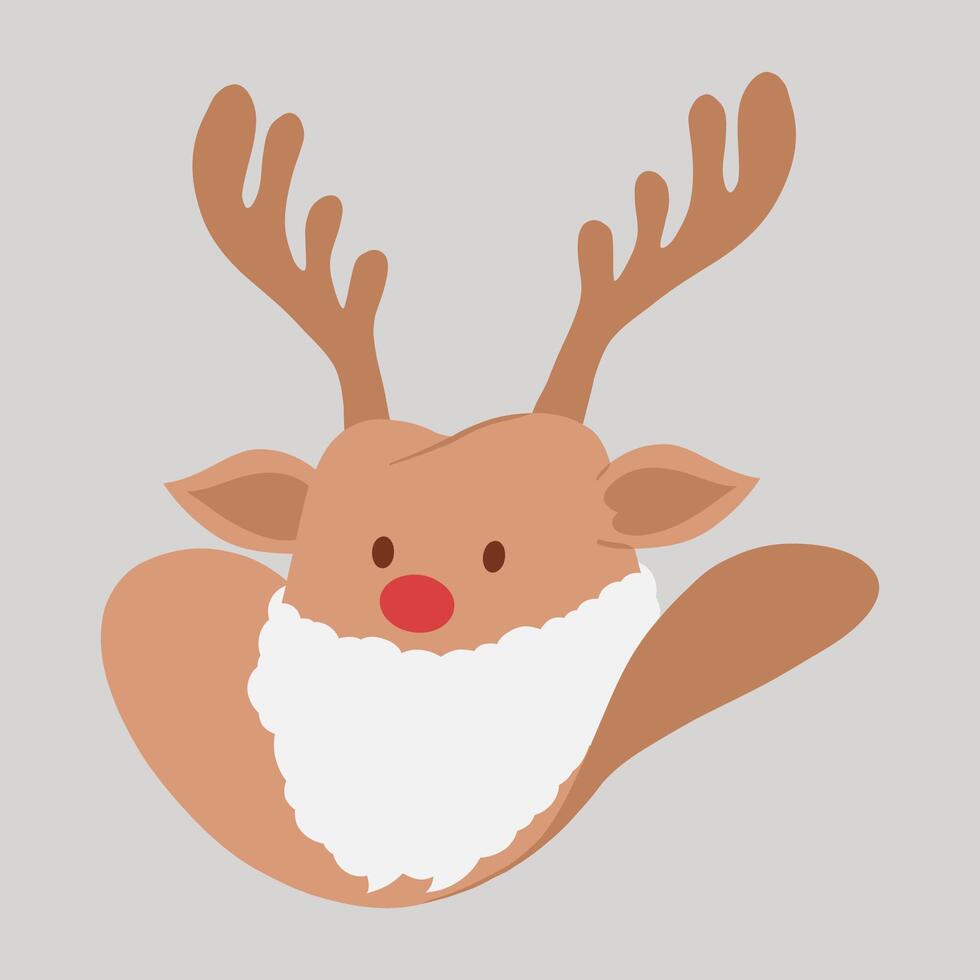Christmas cowboy hat with reindeer antlers, Santa white fluffy beard, red nose, ears, and eyes hand drawn flat design illustration vector