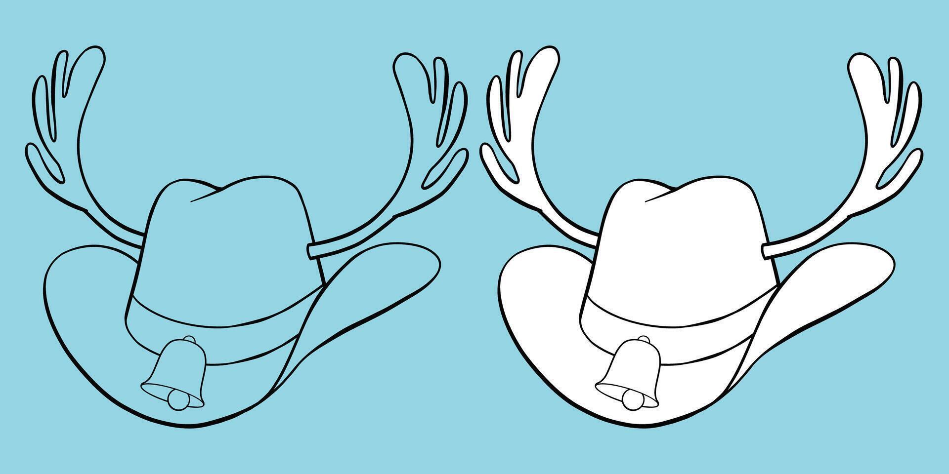 Christmas cowboy hat with reindeer antlers, bell and hatband hand drawn black outline coloring book illustration vector