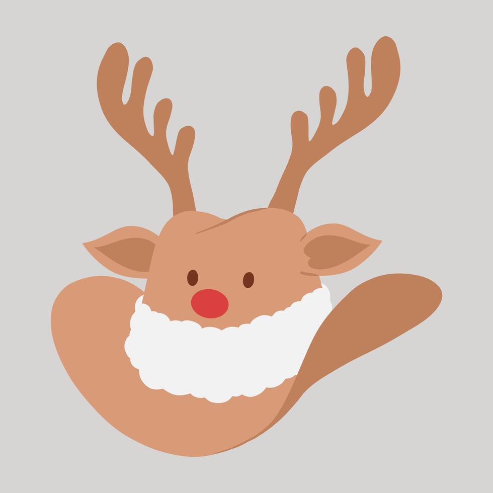Christmas cowboy hat with reindeer antlers, red nose, ears, eyes and white fluffy fur trim hand drawn flat design illustration vector
