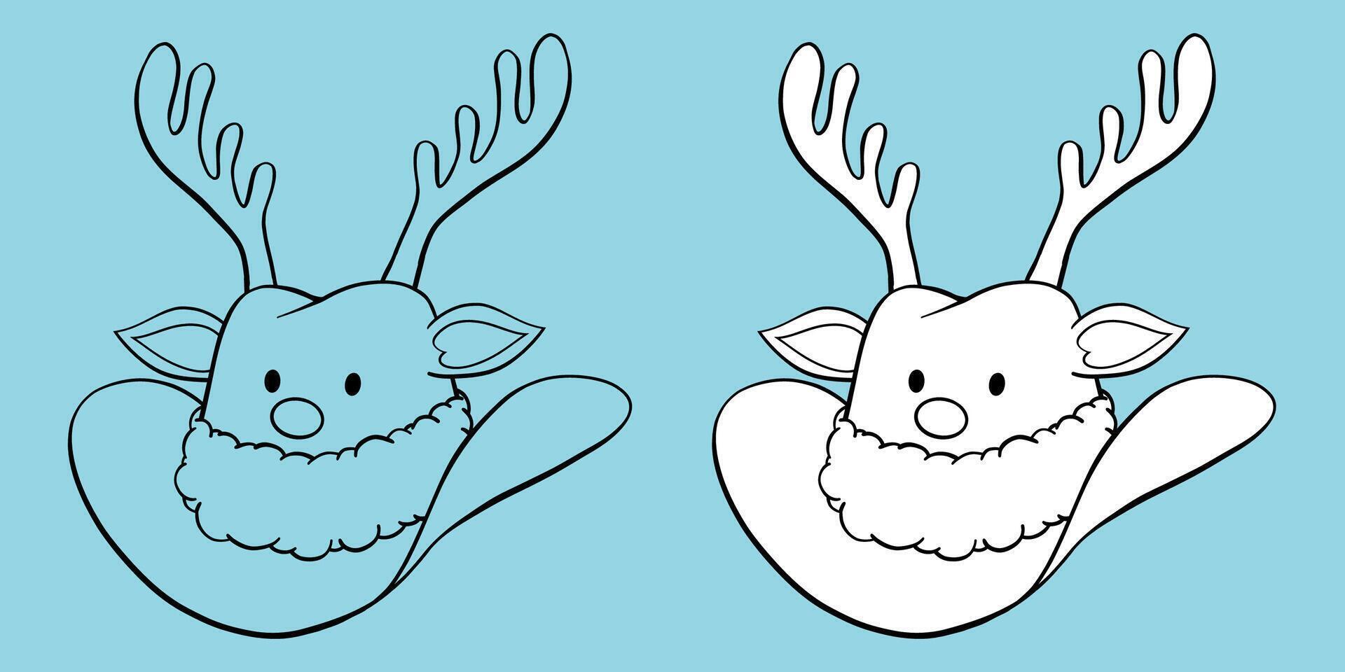 Christmas cowboy hat with reindeer antlers, nose, ears, eyes and fluffy fur trim hand drawn black outline coloring book illustration vector