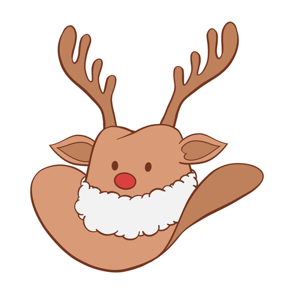 Christmas cowboy hat with reindeer antlers, red nose, ears, eyes and white fluffy fur trim hand drawn illustration vector