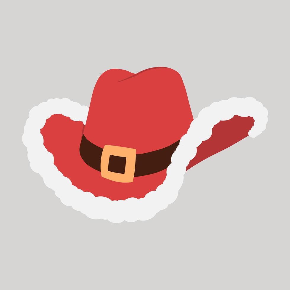 Red Christmas cowboy hat with Santa cap white fur trim and black belt hand drawn flat design illustration vector