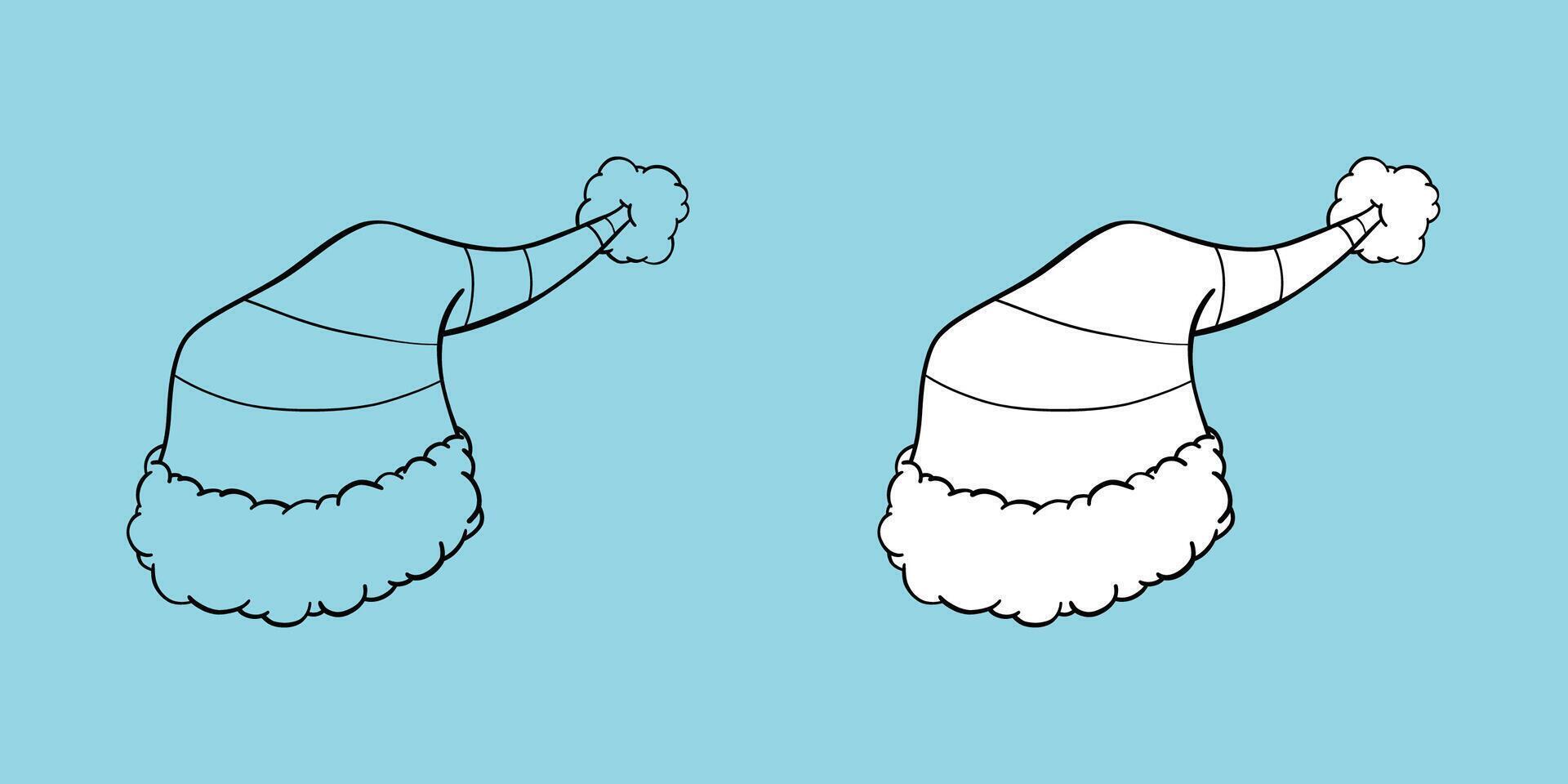 Striped Christmas pointed santa hat with fur trim and pompom hand drawn black outline coloring book illustration vector