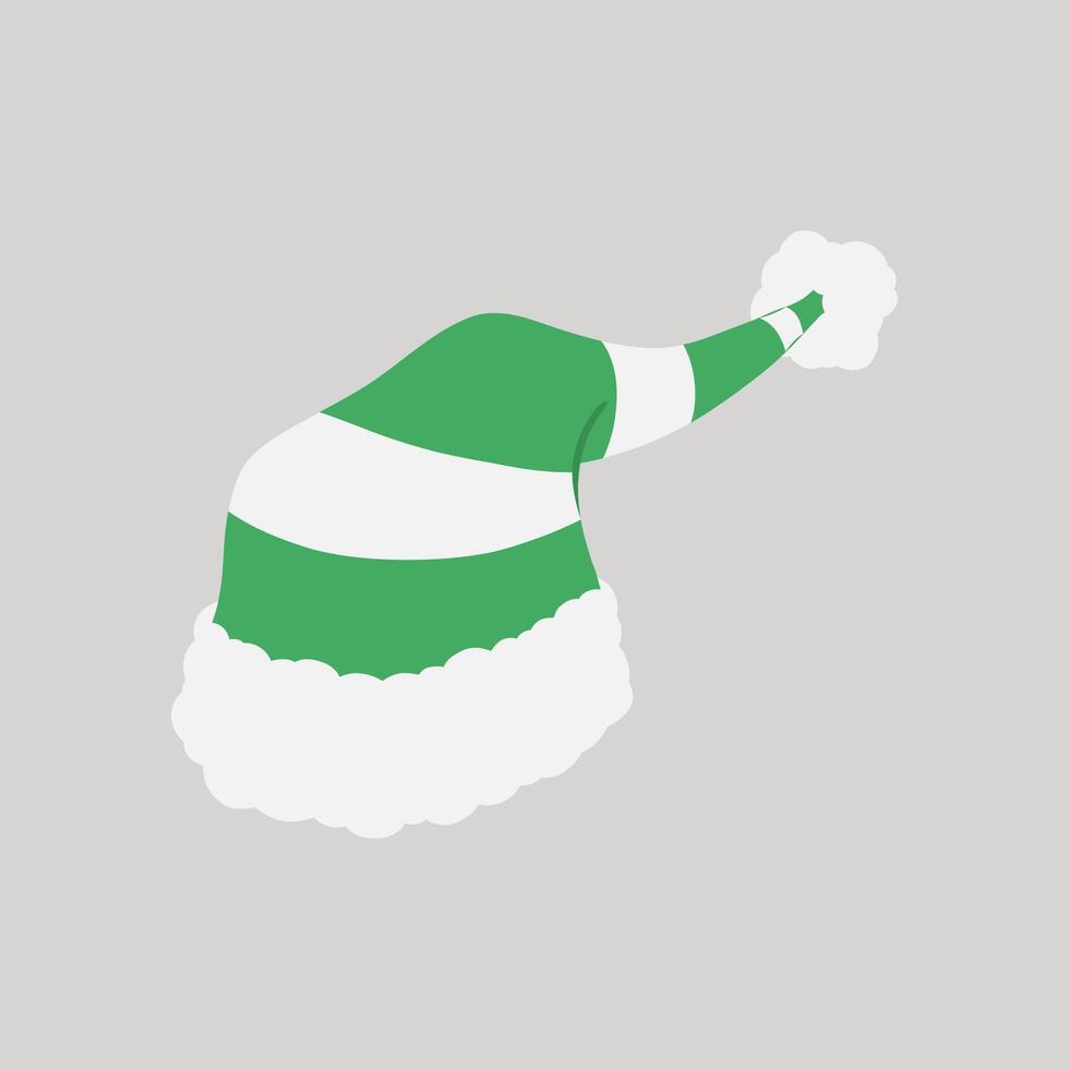 Green and white striped Christmas pointed elf hat with white fur trim and pompom hand drawn flat design illustration vector