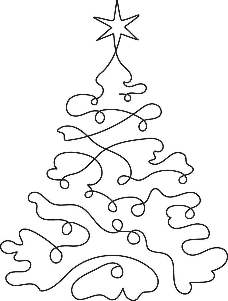 Continuous one line simple black and white drawing of Christmas tree with star garland and decorations vector