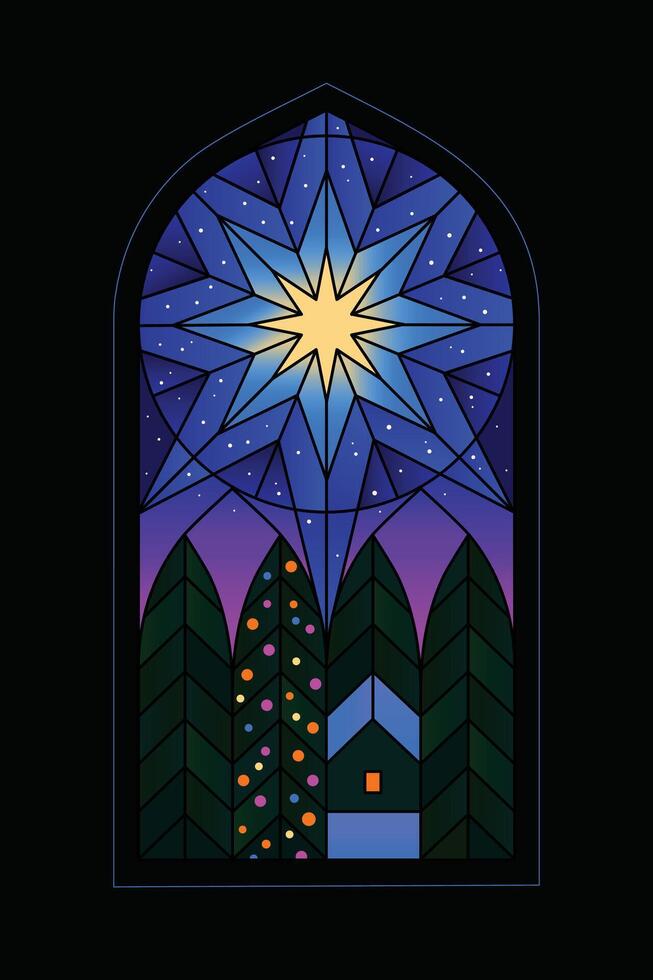 Illustration in stained glass style the Christmas Star of Bethlehem Christmas Holy night church windows frames winter landscape on black vector