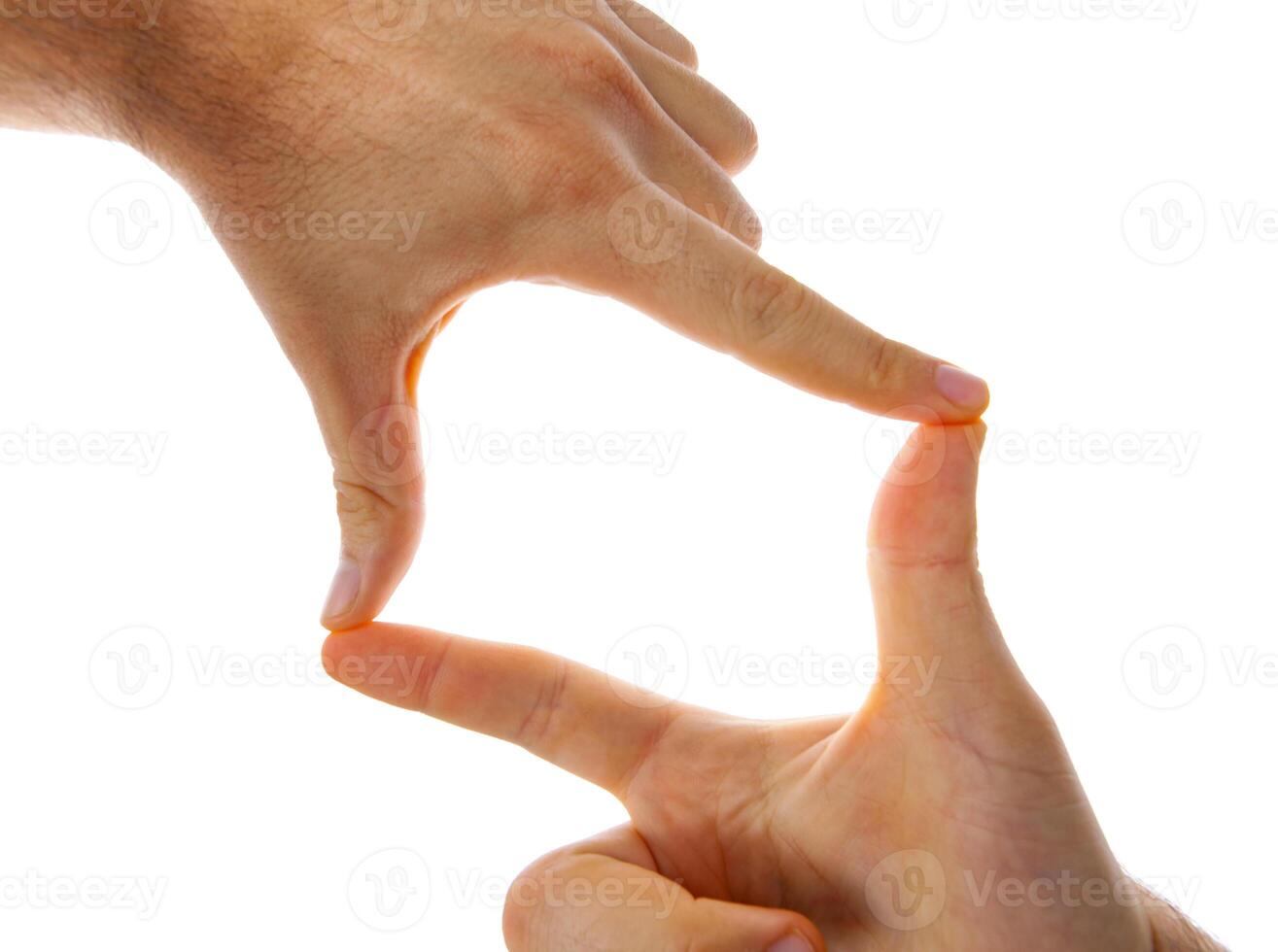 Two hands forming a square shape on a white background photo