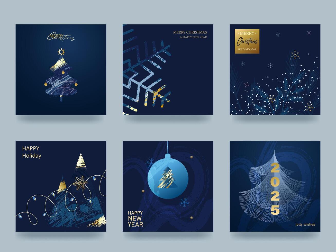 Set of Christmas and New Year cards. illustration concepts for background, greeting card, party invitation card, banner, social media. Strokes, geometric shapes, blue-gold background vector