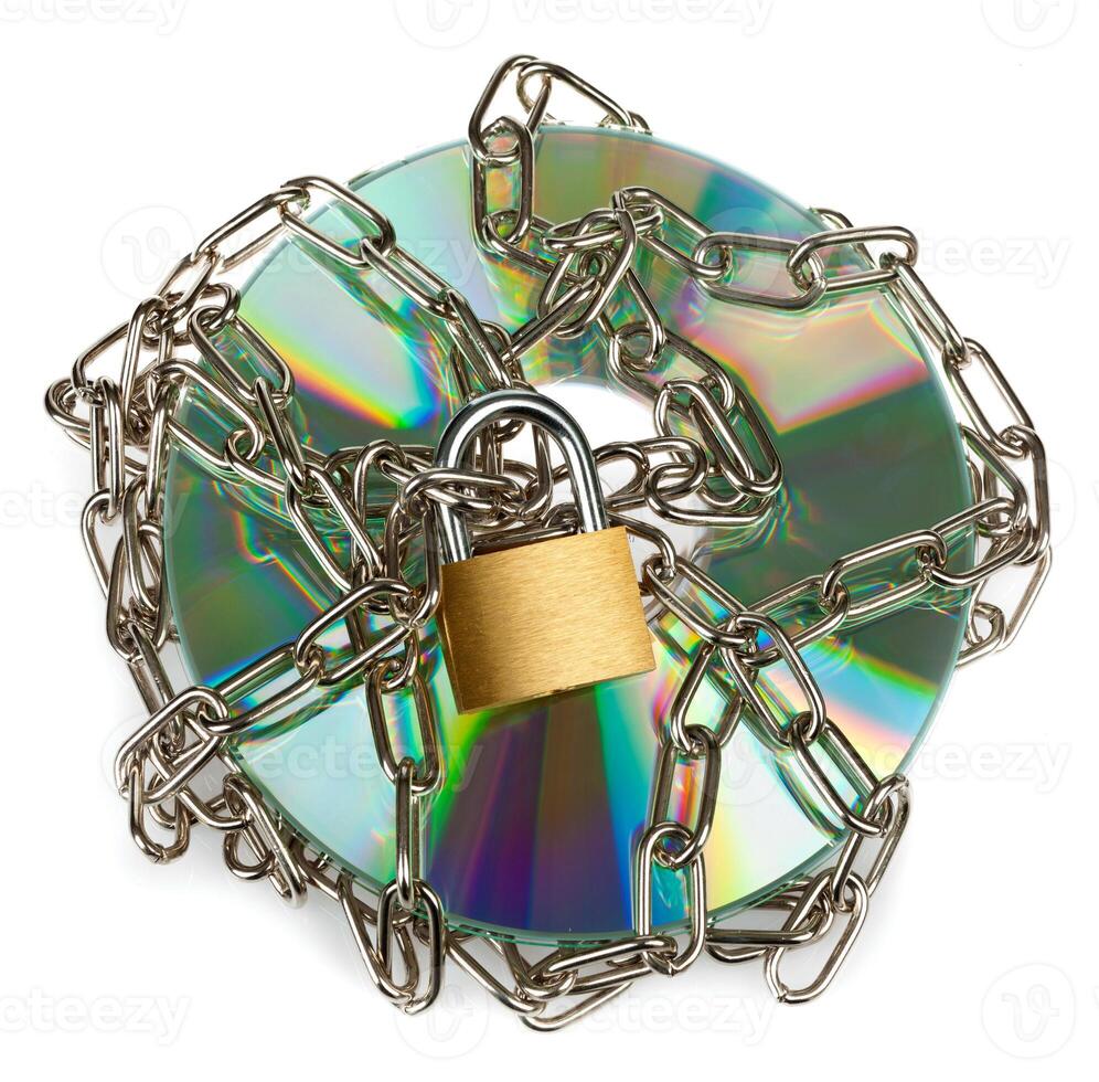 A chain and a padlock are shown around a disc photo