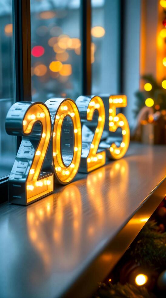 illuminated 2025 metal numerals on a windowsill photo
