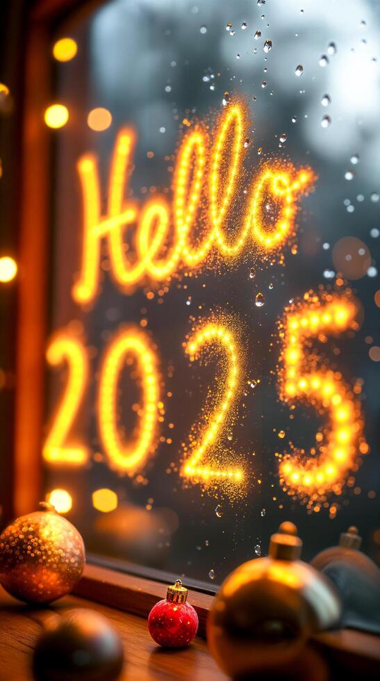 illuminated hello 2025 on a rainy window photo