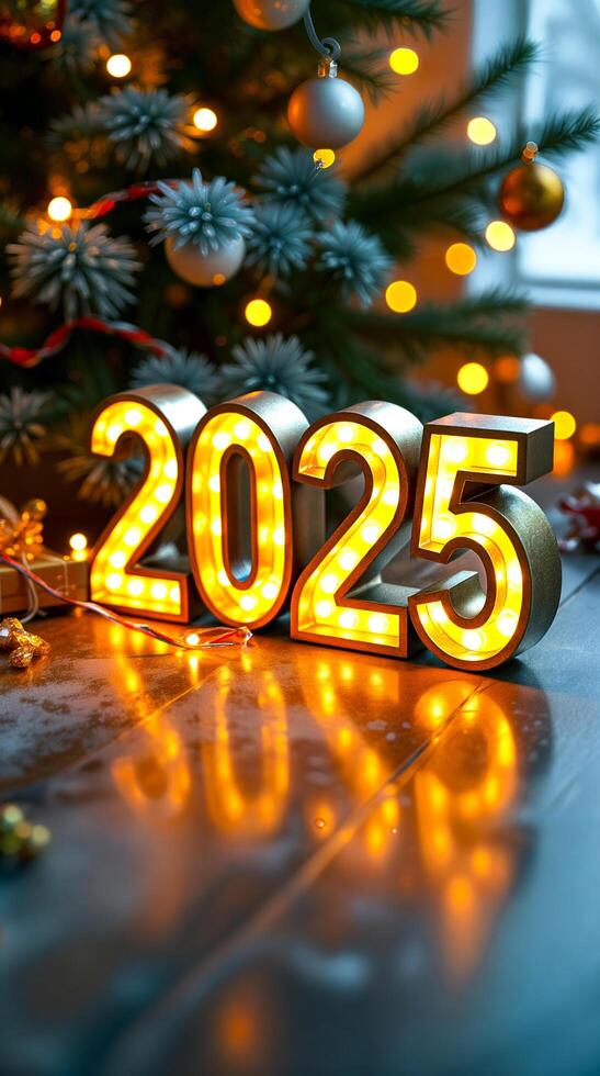 illuminated 2025 marquee sign on wood surface photo