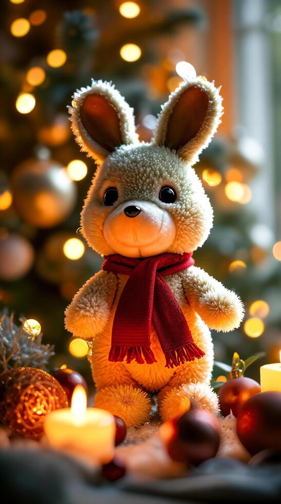fluffy beige bunny toy festive holiday setting photo