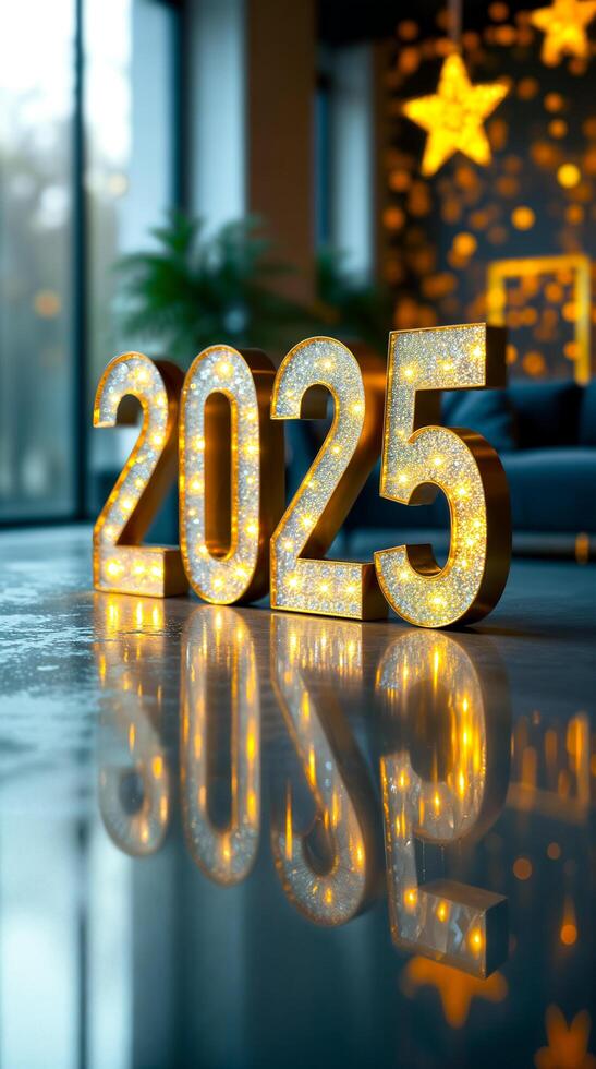 illuminated gold 2025 numerals on reflective surface photo