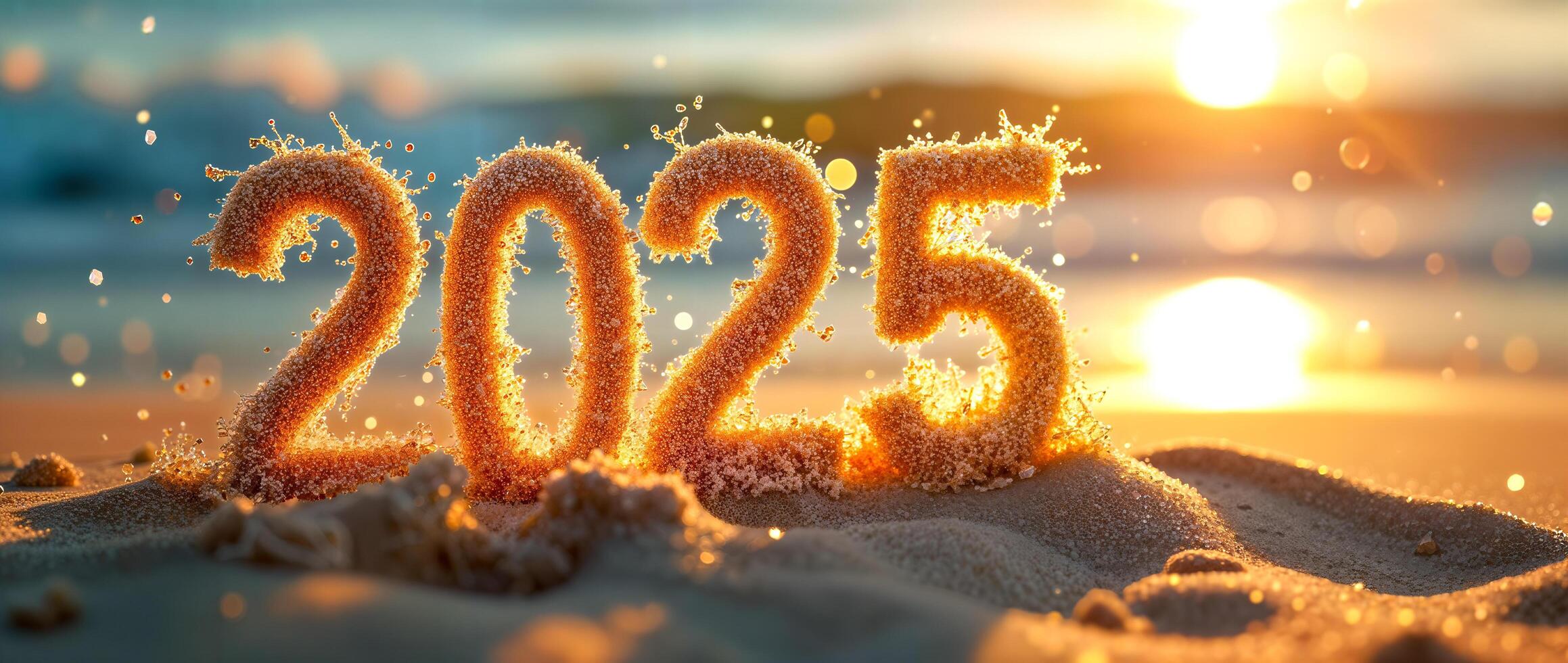 golden sand numerals 2025 at sunset photo