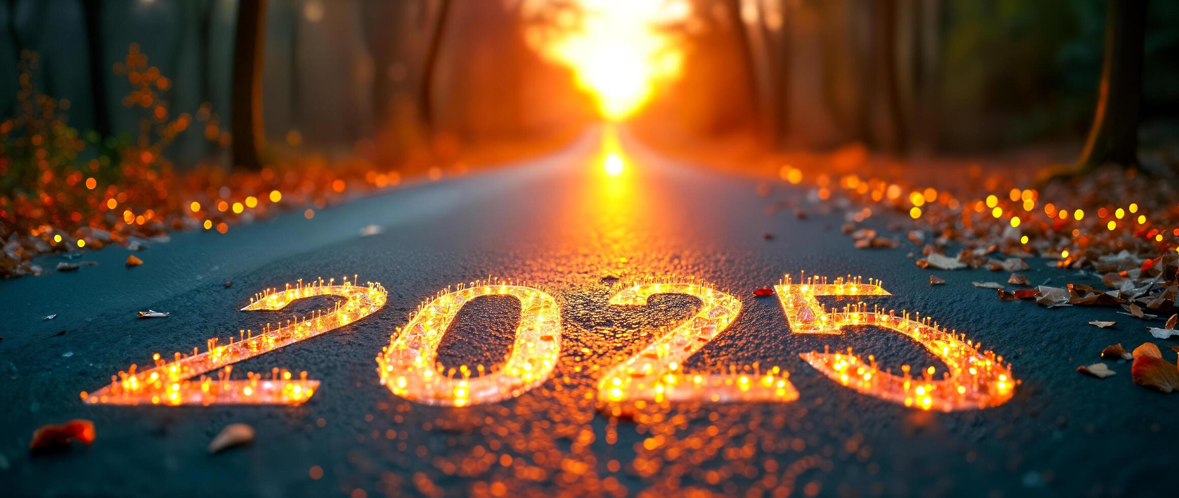 illuminated number 2025 on road at sunset photo