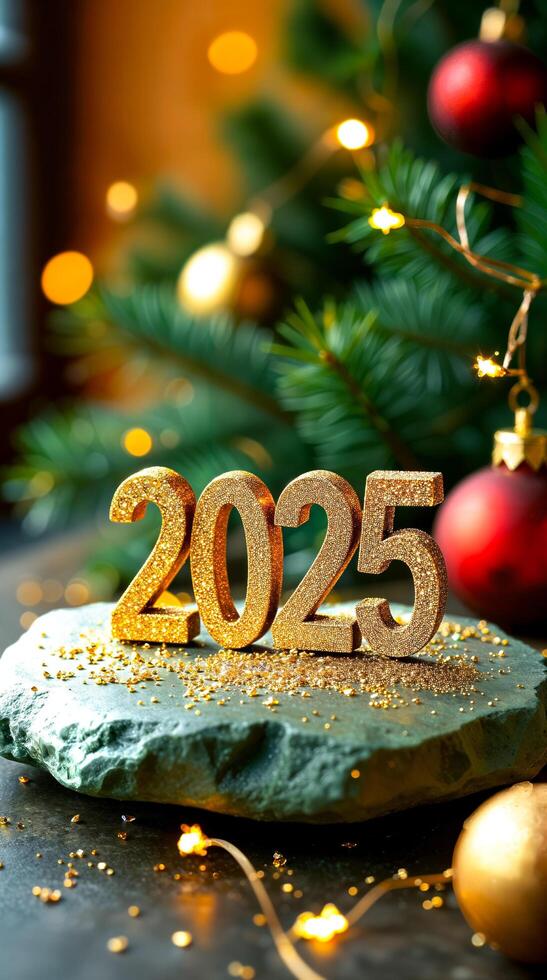 golden 2025 numbers on dark green stone photo