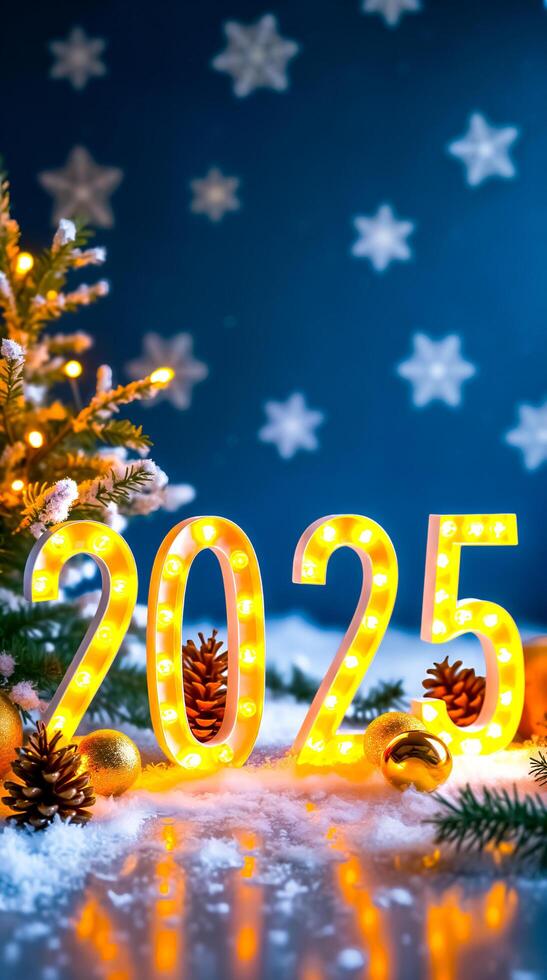 illuminated 2025 numerals winter setting photo