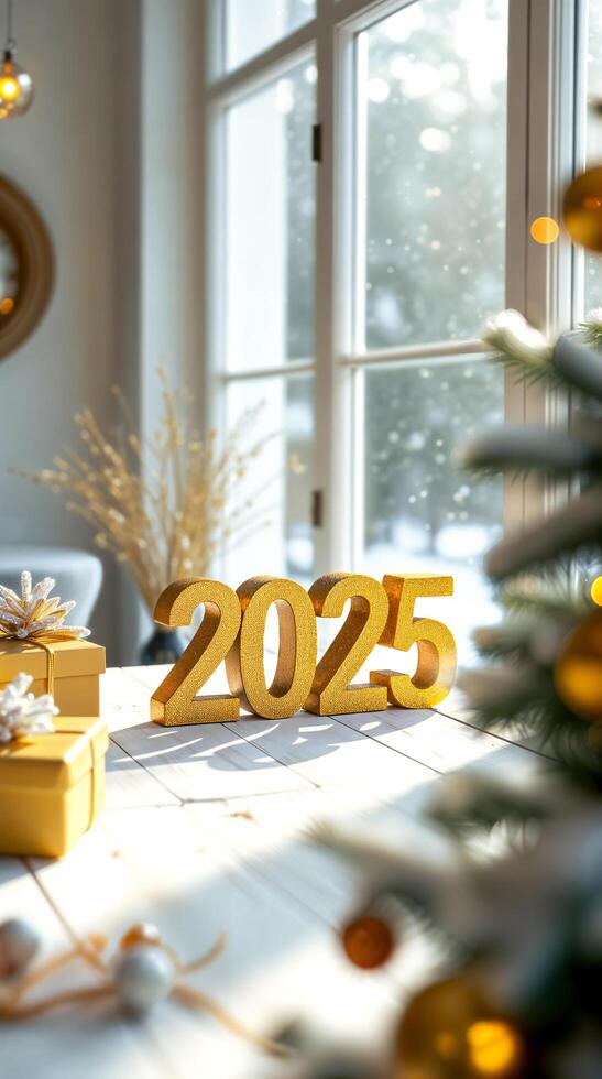 golden 2025 numbers on white wooden surface near gifts window photo