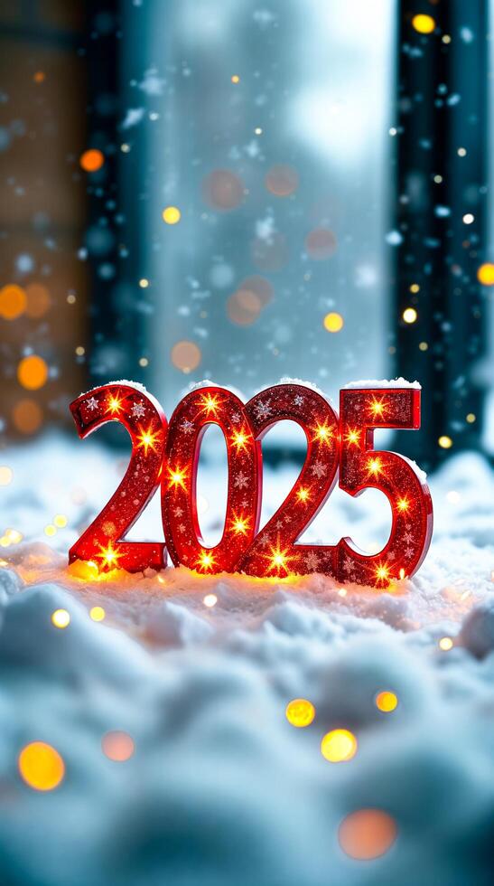 illuminated red numerals 2025 snowy scene photo