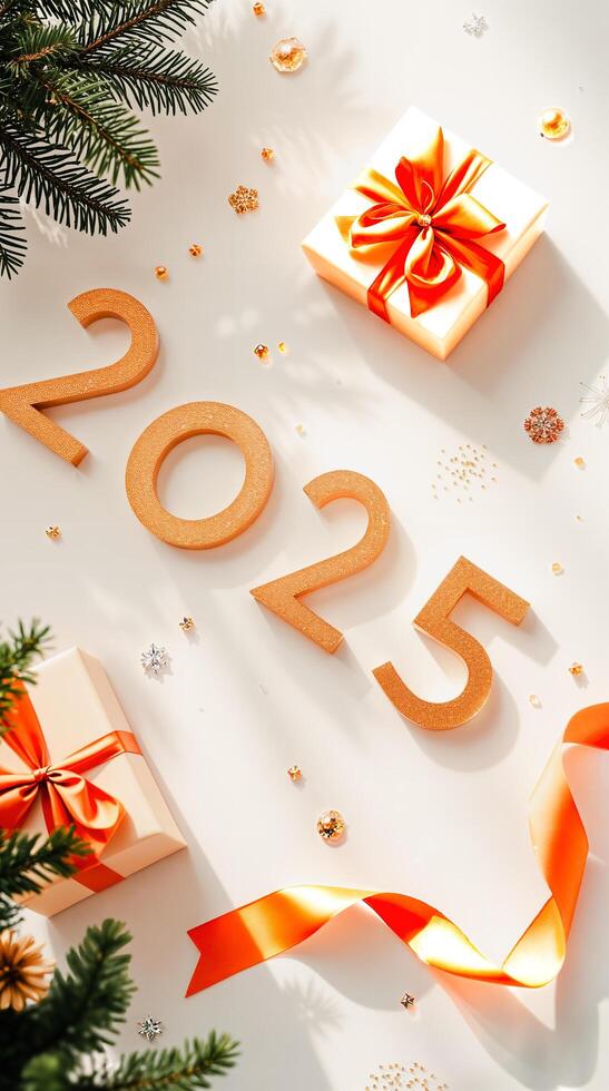 sparkling gold numerals 2025 with festive decorations photo