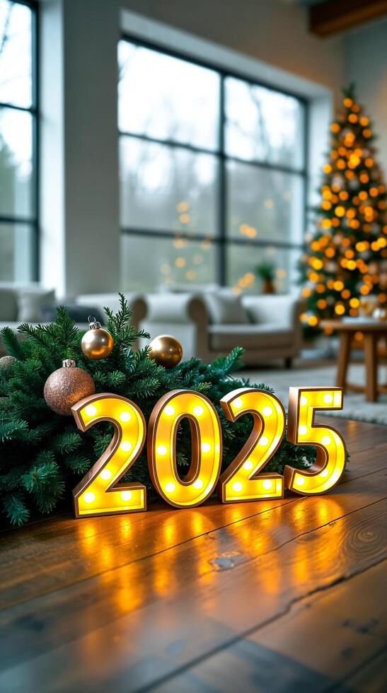 glowing 2025 numerals on wooden table with evergreen branches photo