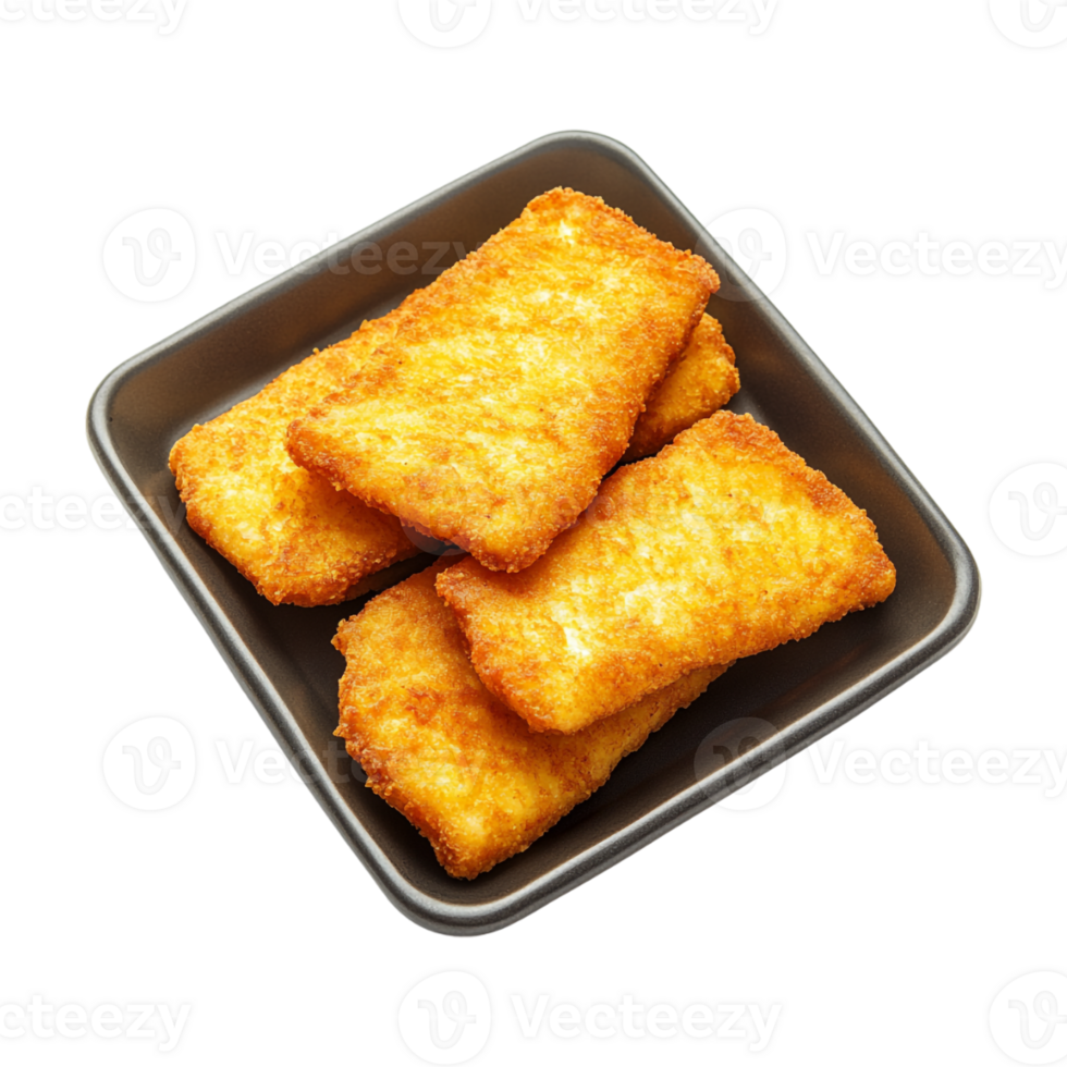 Three pieces of fried fish in a square tray png