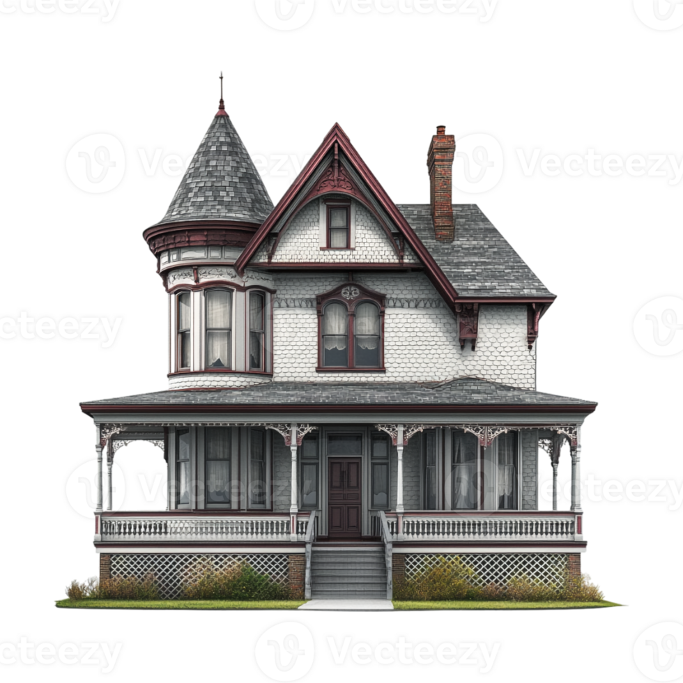 A large victorian house with a porch and a porch png