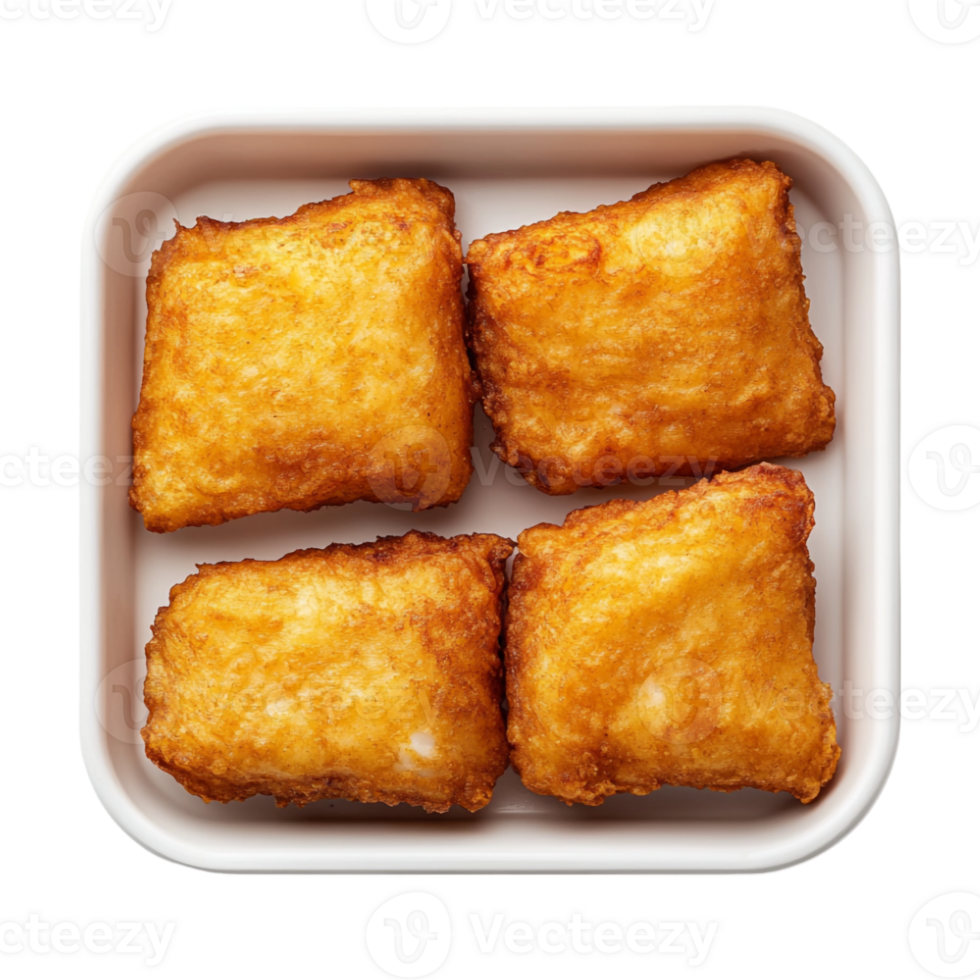 Four pieces of fried food in a square dish png