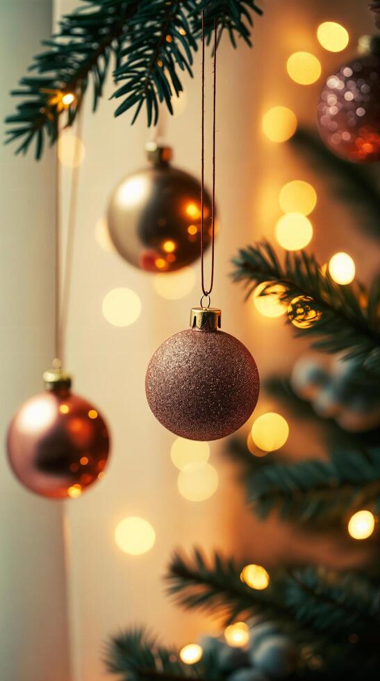 three sparkling round ornaments hang from a decorated evergreen tree photo